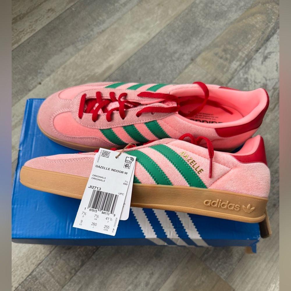 NEW Adidas Gazelle Pink and Green Sneakers, size 9